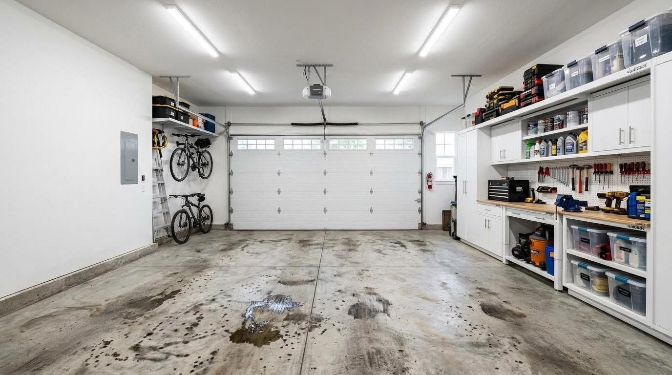 Cracked, stained concrete garage floor before coating
