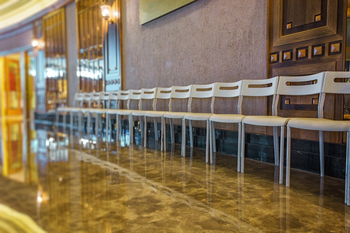Glossy epoxy floor in a commercial lobby