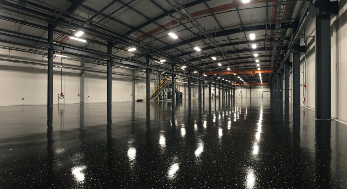 High-gloss epoxy floor in a large warehouse