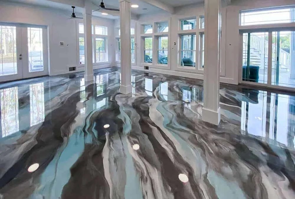 Marbled metallic epoxy floor installed in the Greater Boston area